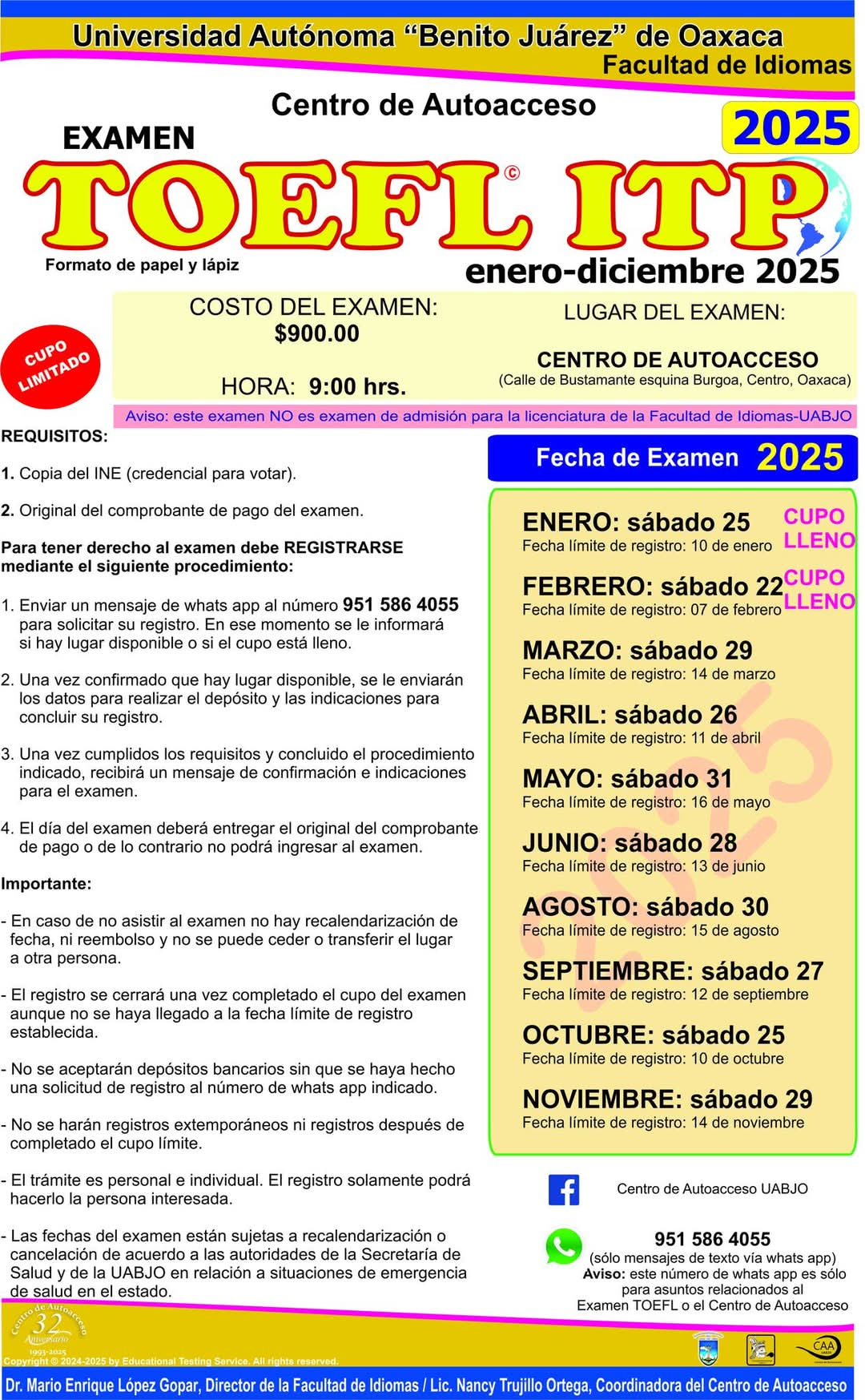 calendario toefl itp 2025